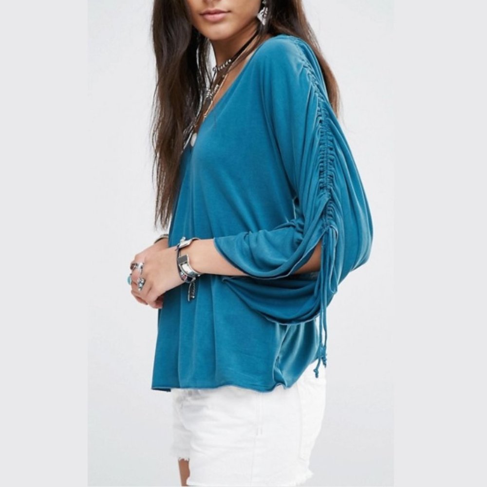 Free People Teal Salt N Peppa Top Ruched Sleeves